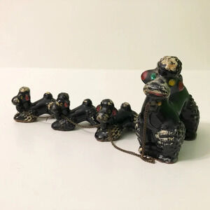 Vintage 60s Redware Poodle Family Set Mom Pups Black White on Chains Japan Flaws